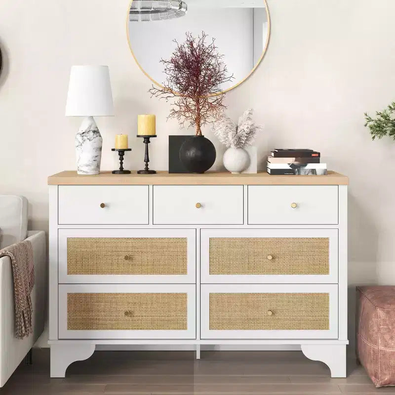 7 Drawer Dresser, 47.3" Wide Rattan Chest of Drawers, Boho Closet Organizer for Bedroom, Living Room, Entryway