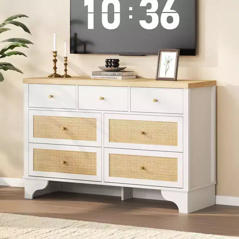 7 Drawer Dresser, 47.3" Wide Rattan Chest of Drawers, Boho Closet Organizer for Bedroom, Living Room, Entryway
