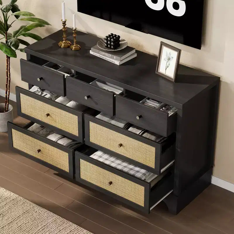 7 Drawer Dresser, 47.3" Wide Rattan Chest of Drawers, Boho Closet Organizer for Bedroom, Living Room, Entryway