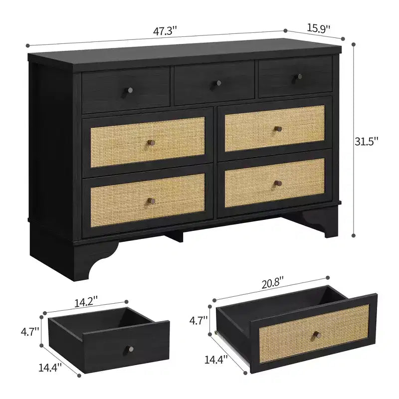 7 Drawer Dresser, 47.3" Wide Rattan Chest of Drawers, Boho Closet Organizer for Bedroom, Living Room, Entryway