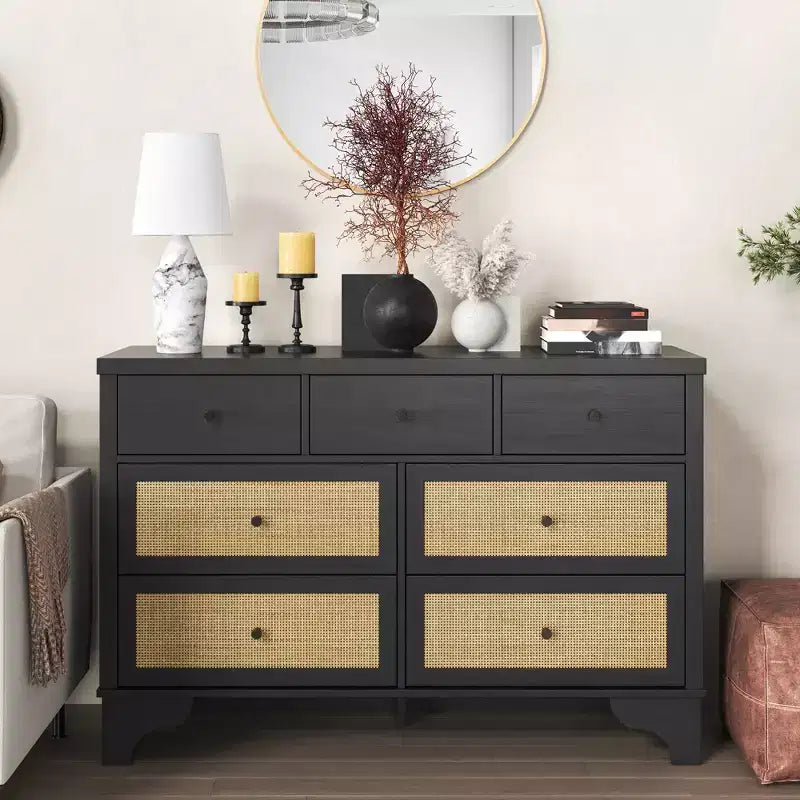 7 Drawer Dresser, 47.3" Wide Rattan Chest of Drawers, Boho Closet Organizer for Bedroom, Living Room, Entryway