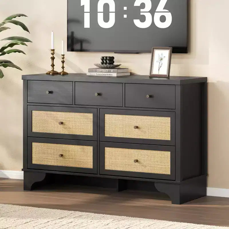 7 Drawer Dresser, 47.3" Wide Rattan Chest of Drawers, Boho Closet Organizer for Bedroom, Living Room, Entryway