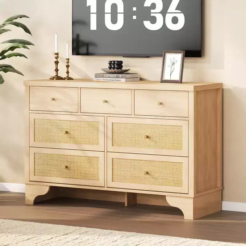 7 Drawer Dresser, 47.3" Wide Rattan Chest of Drawers, Boho Closet Organizer for Bedroom, Living Room, Entryway