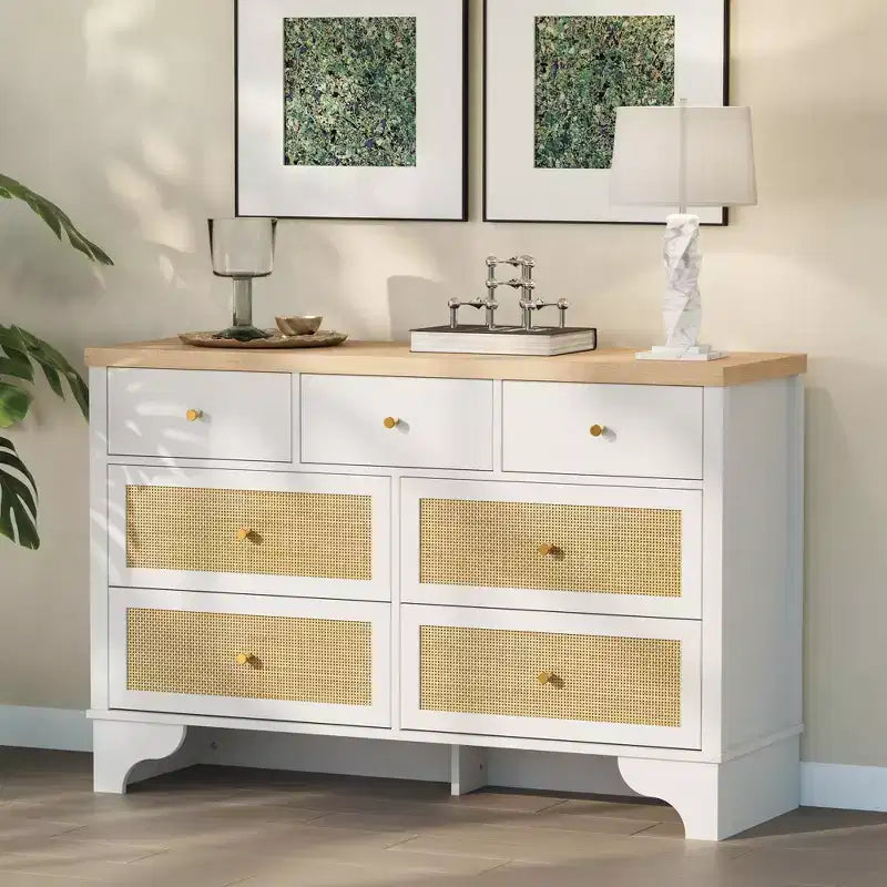 7 Drawer Dresser, 47.3" Wide Rattan Chest of Drawers, Boho Closet Organizer for Bedroom, Living Room, Entryway