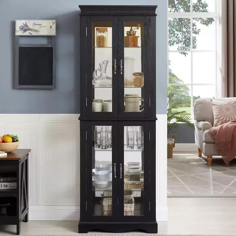Lighted Corner Curio Cabinet, Glass Display Case for Living Room & Bar Storage - Black