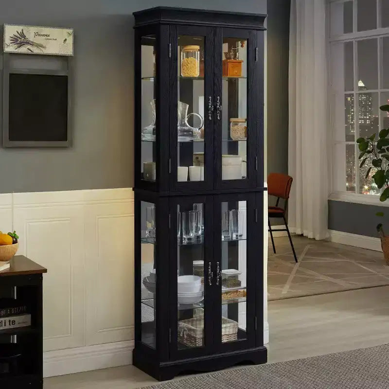 Lighted Corner Curio Cabinet, Glass Display Case for Living Room & Bar Storage - Black