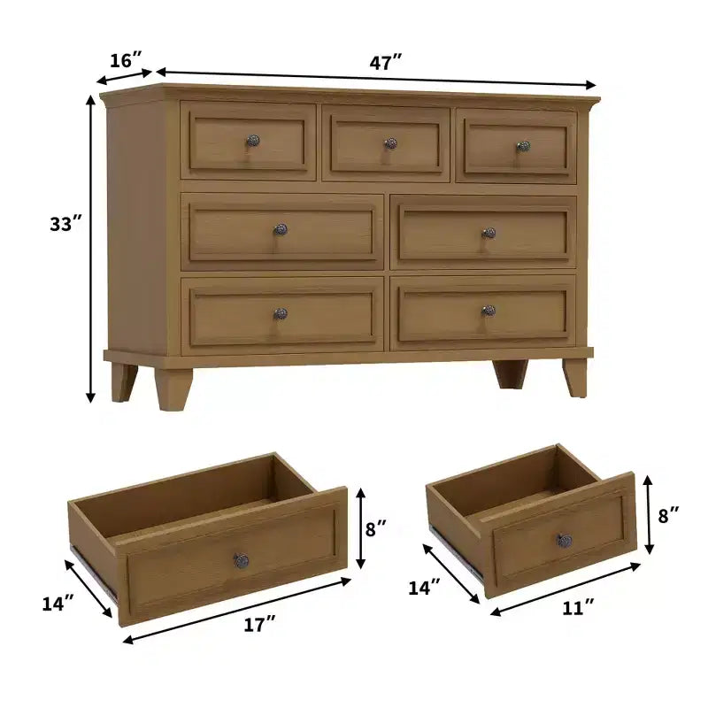 7 Drawer Dresser, Wooden Chest of Drawers with Deep Drawers, 47" Long, Modern Organizer for Bedroom, TV Stand
