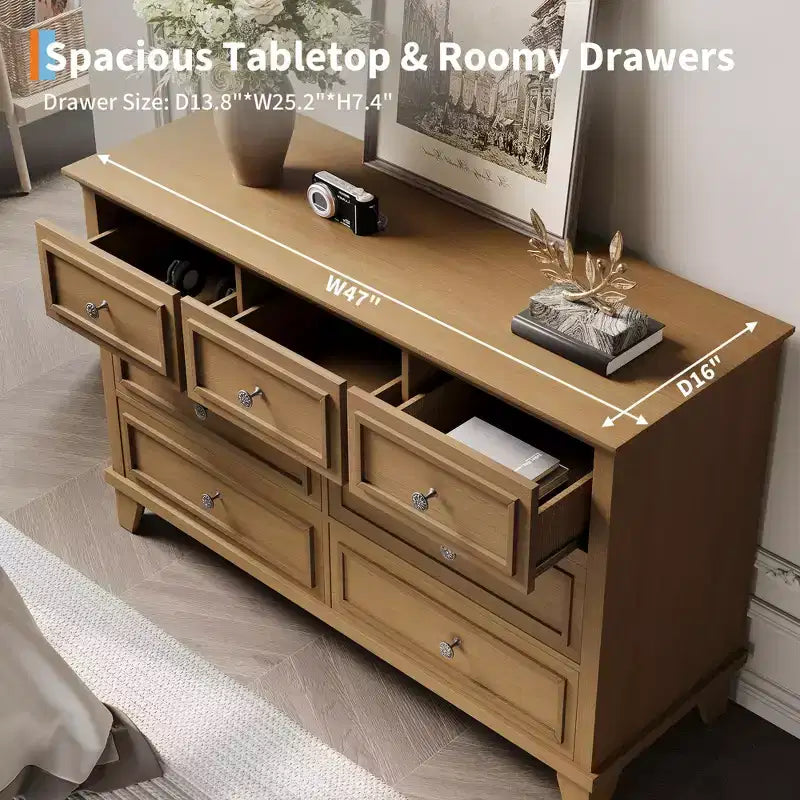 7 Drawer Dresser, Wooden Chest of Drawers with Deep Drawers, 47" Long, Modern Organizer for Bedroom, TV Stand