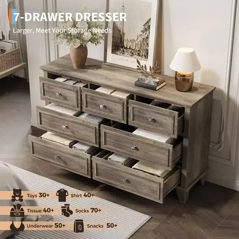 7 Drawer Dresser, Wooden Chest of Drawers with Deep Drawers, 47" Long, Modern Organizer for Bedroom, TV Stand