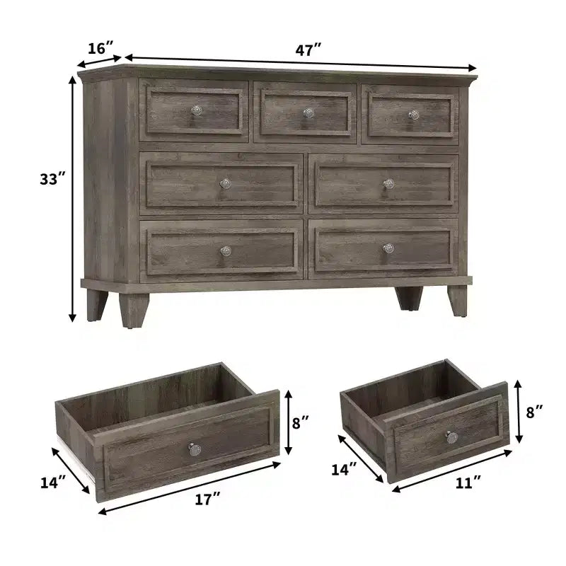 7 Drawer Dresser, Wooden Chest of Drawers with Deep Drawers, 47" Long, Modern Organizer for Bedroom, TV Stand