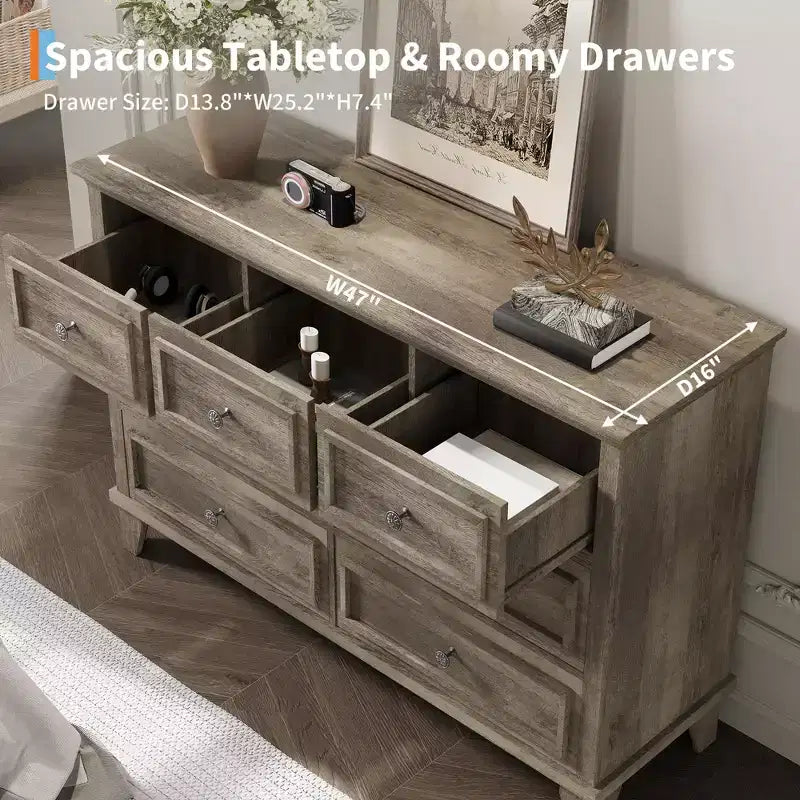 7 Drawer Dresser, Wooden Chest of Drawers with Deep Drawers, 47" Long, Modern Organizer for Bedroom, TV Stand