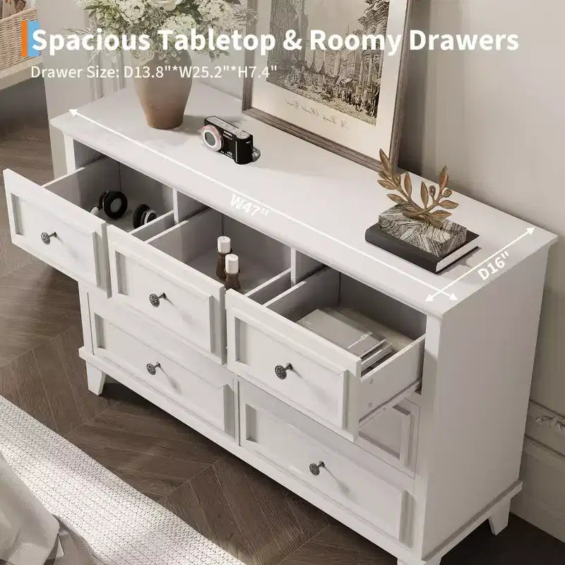 7 Drawer Dresser, Wooden Chest of Drawers with Deep Drawers, 47" Long, Modern Organizer for Bedroom, TV Stand