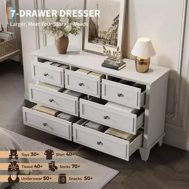7 Drawer Dresser, Wooden Chest of Drawers with Deep Drawers, 47" Long, Modern Organizer for Bedroom, TV Stand