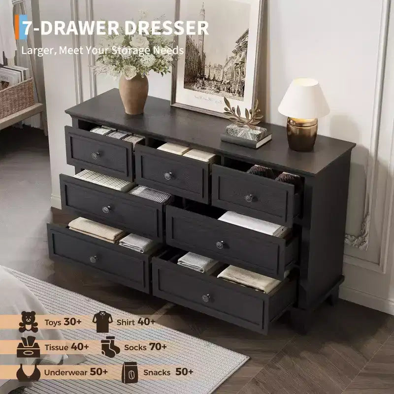 7 Drawer Dresser, Wooden Chest of Drawers with Deep Drawers, 47" Long, Modern Organizer for Bedroom, TV Stand