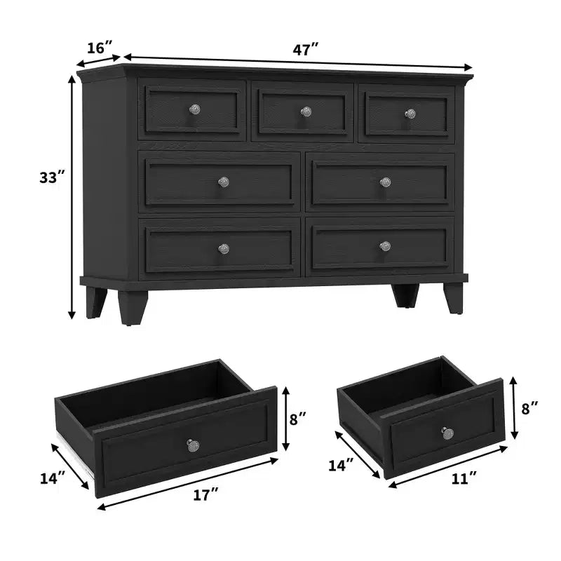 7 Drawer Dresser, Wooden Chest of Drawers with Deep Drawers, 47" Long, Modern Organizer for Bedroom, TV Stand
