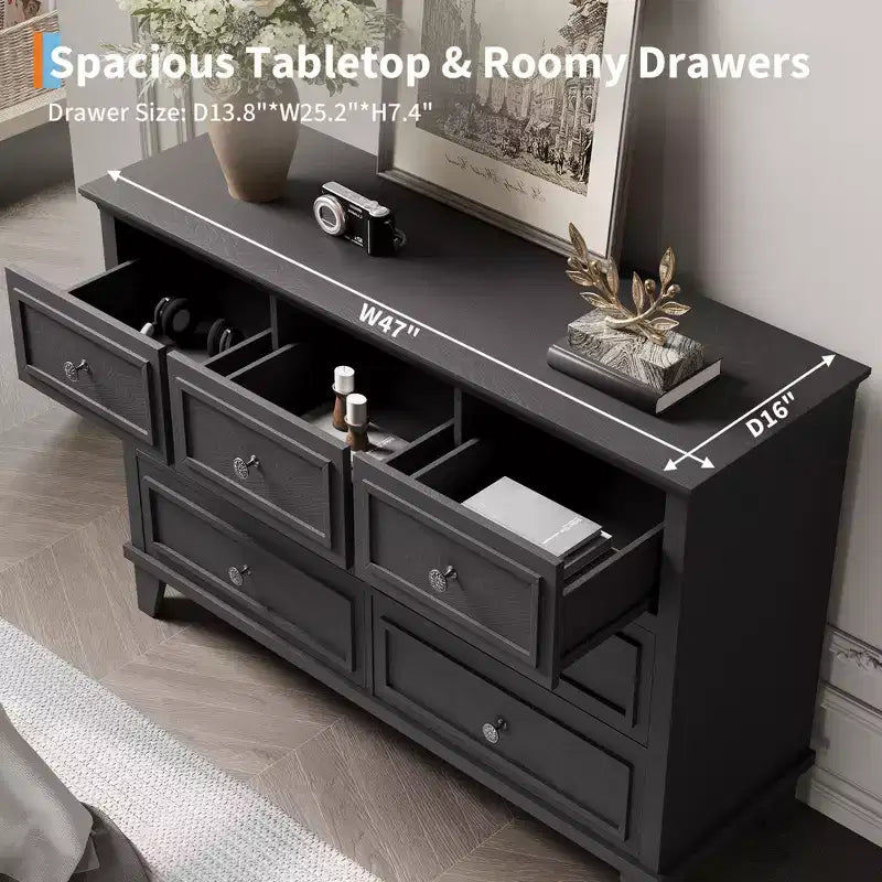 7 Drawer Dresser, Wooden Chest of Drawers with Deep Drawers, 47" Long, Modern Organizer for Bedroom, TV Stand