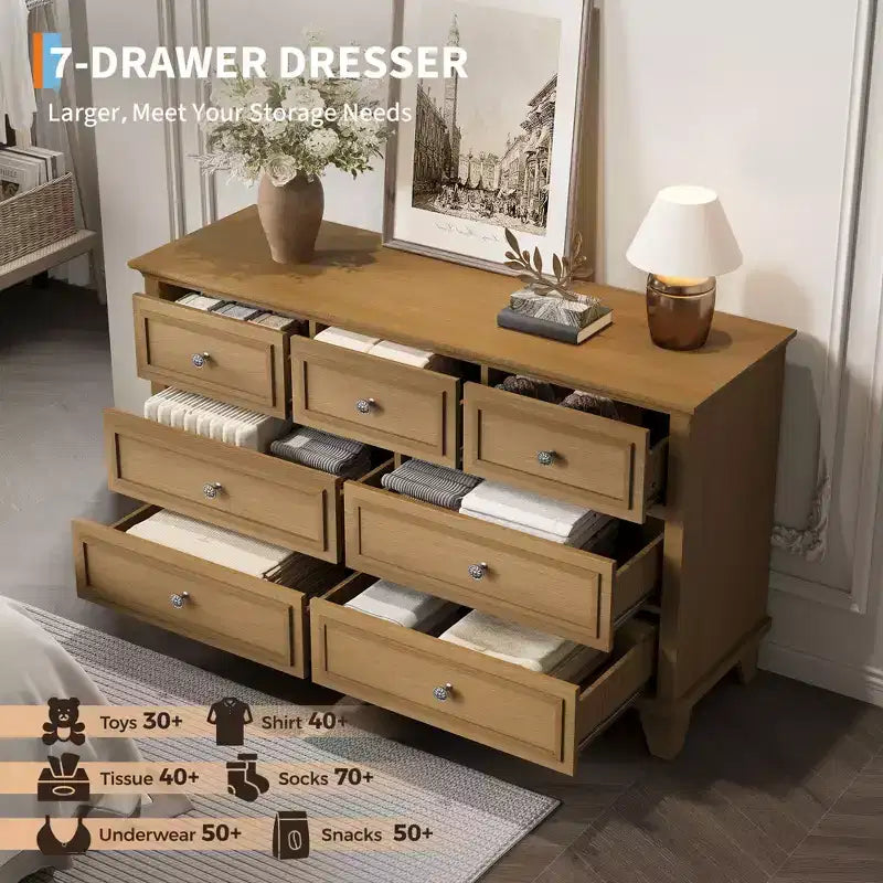 7 Drawer Dresser, Wooden Chest of Drawers with Deep Drawers, 47" Long, Modern Organizer for Bedroom, TV Stand