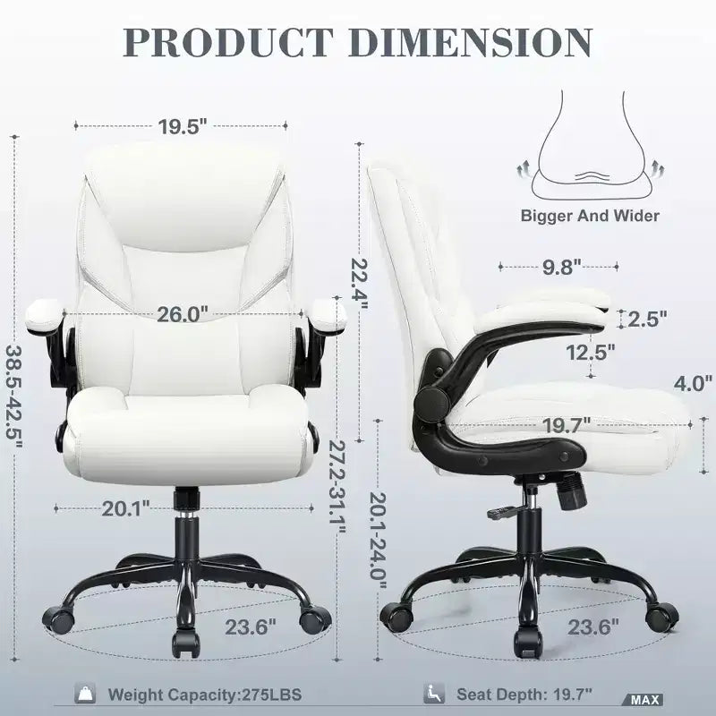 Office Chair, PU Leather Swivel Executive Task Chair with Adjustable Height - White