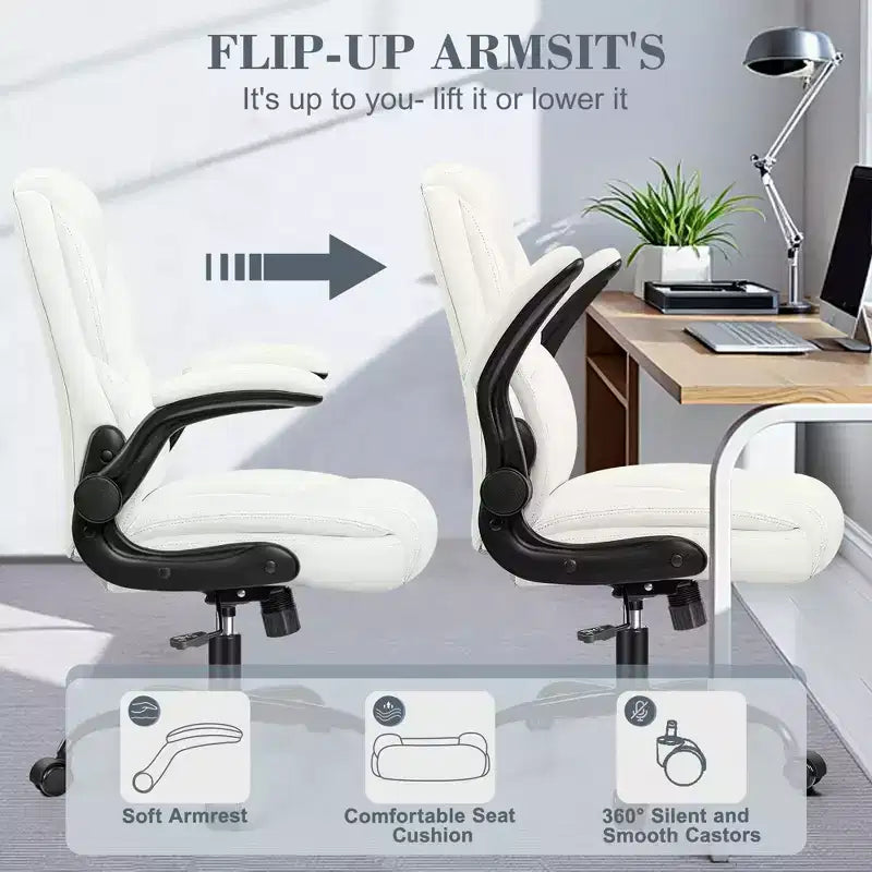 Office Chair, PU Leather Swivel Executive Task Chair with Adjustable Height - White