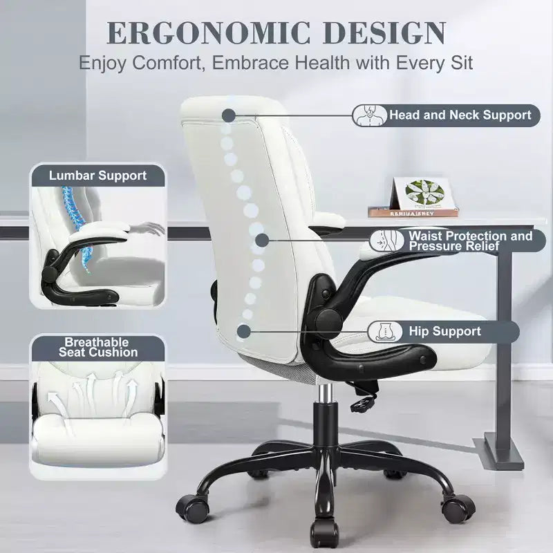 Office Chair, PU Leather Swivel Executive Task Chair with Adjustable Height - White