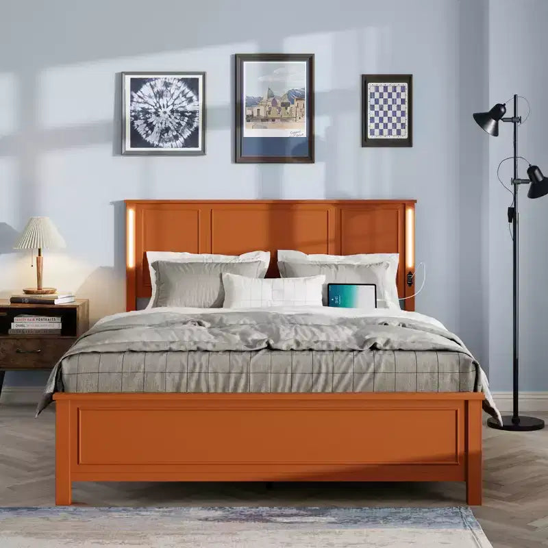 Contemporary Wood Bed Frame with Charging Station and LED Lights
