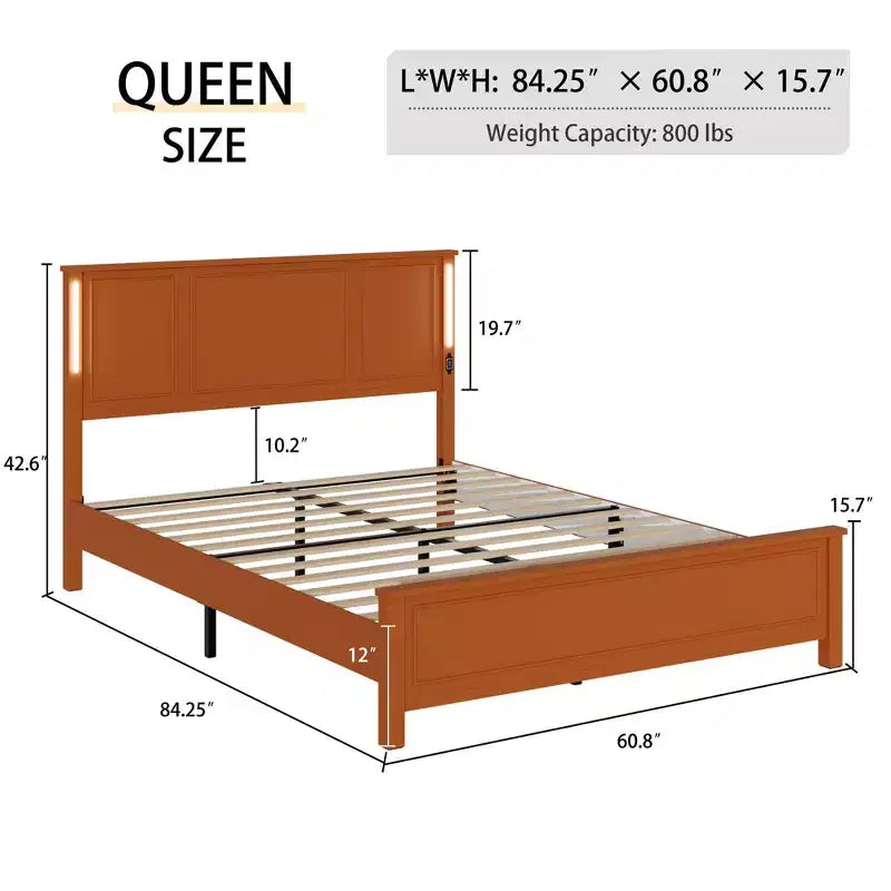 Contemporary Wood Bed Frame with Charging Station and LED Lights
