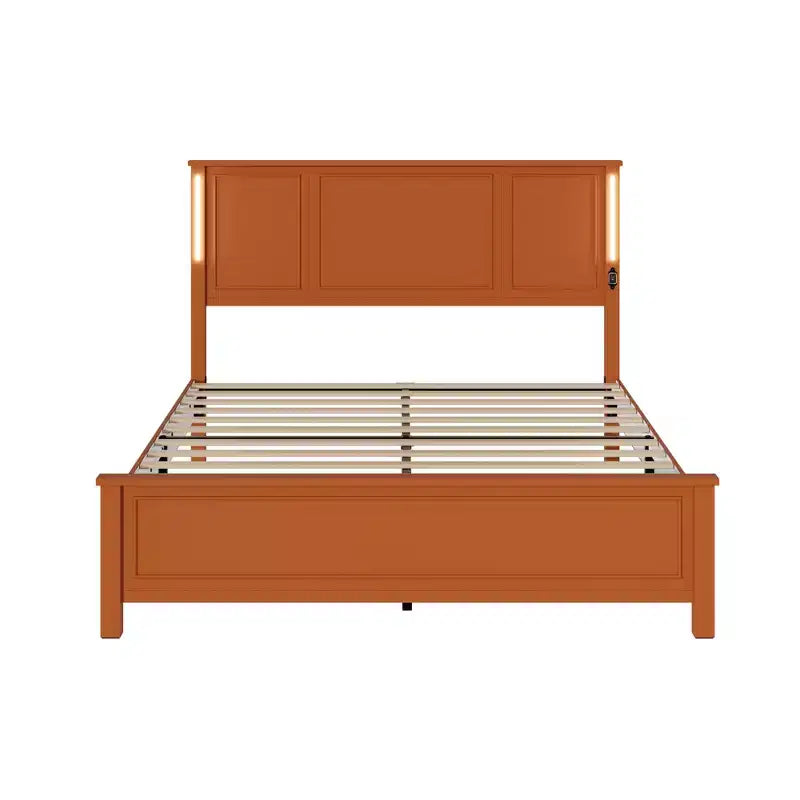 Contemporary Wood Bed Frame with Charging Station and LED Lights