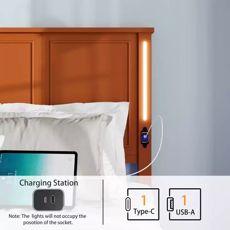 Contemporary Wood Bed Frame with Charging Station and LED Lights