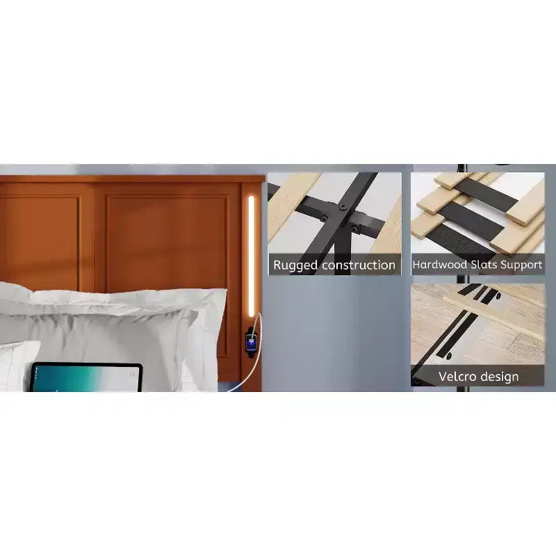 Contemporary Wood Bed Frame with Charging Station and LED Lights