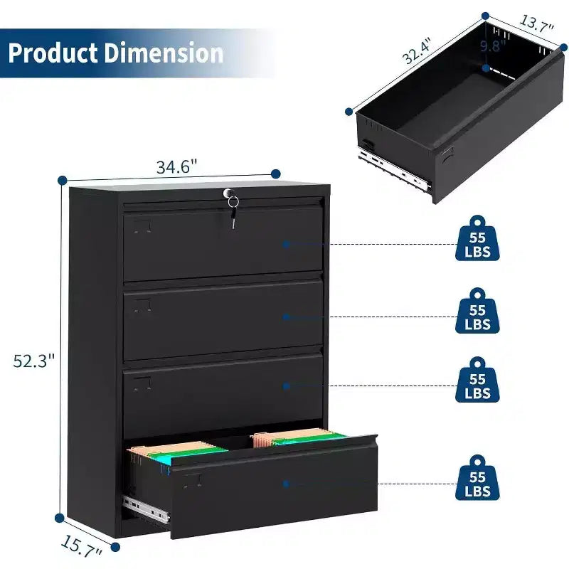 4-Drawer Lateral File Cabinet with Lock, Metal Office Storage for Letter/Legal/A4, Secure Document Organizer, Black