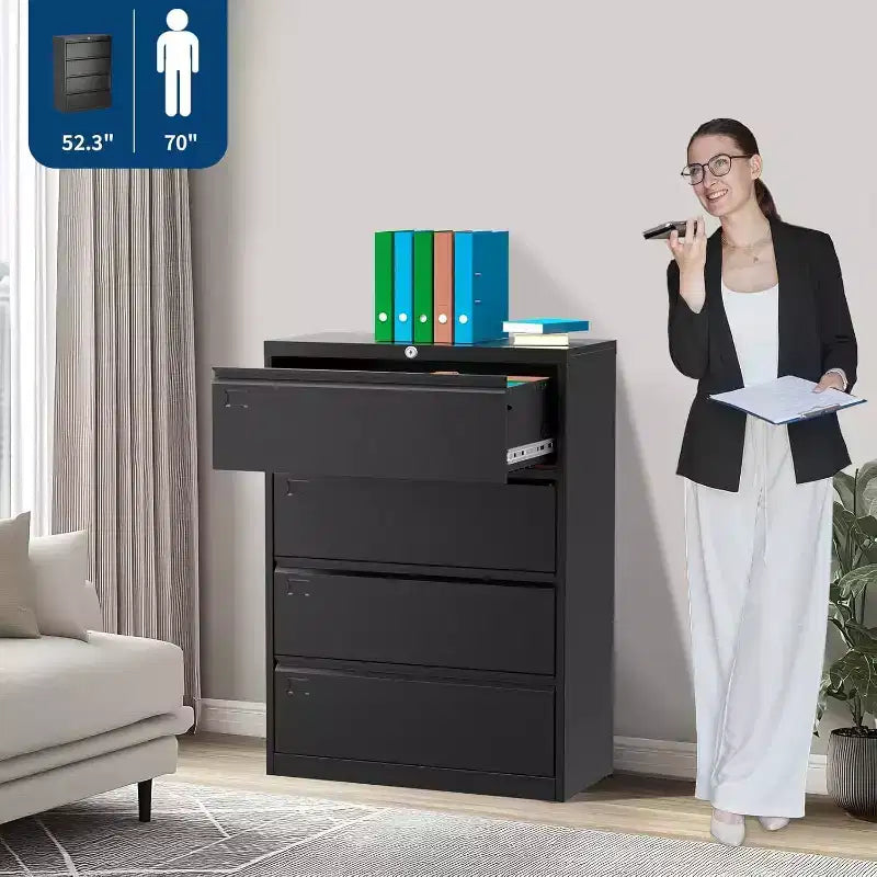 4-Drawer Lateral File Cabinet with Lock, Metal Office Storage for Letter/Legal/A4, Secure Document Organizer, Black