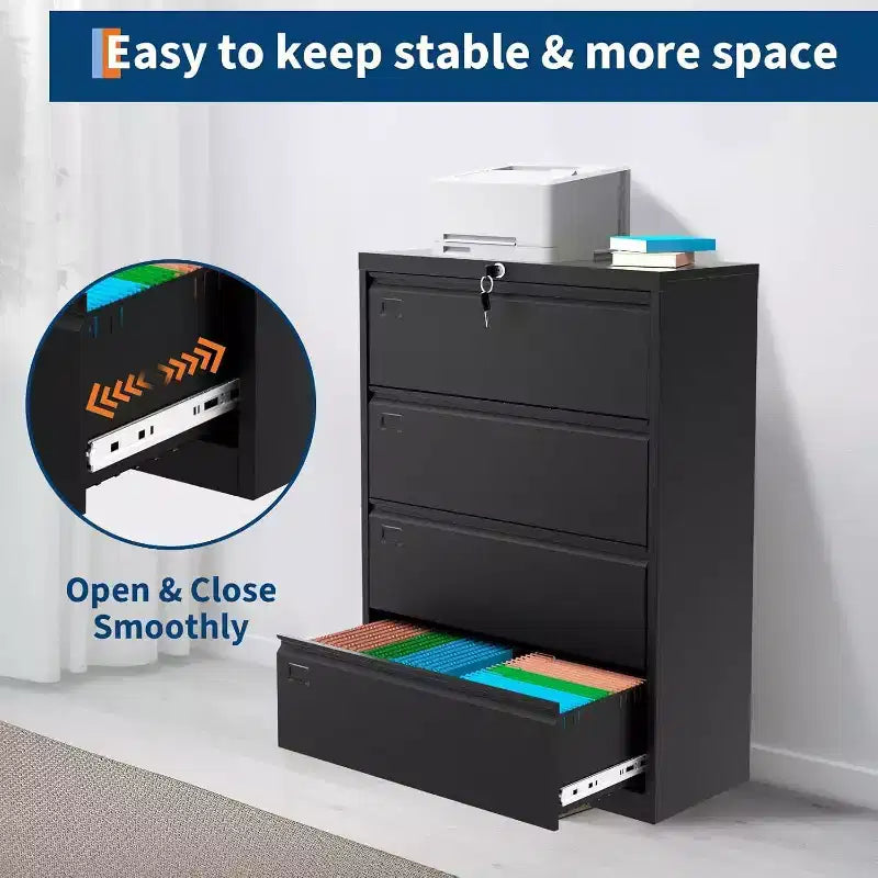 4-Drawer Lateral File Cabinet with Lock, Metal Office Storage for Letter/Legal/A4, Secure Document Organizer, Black
