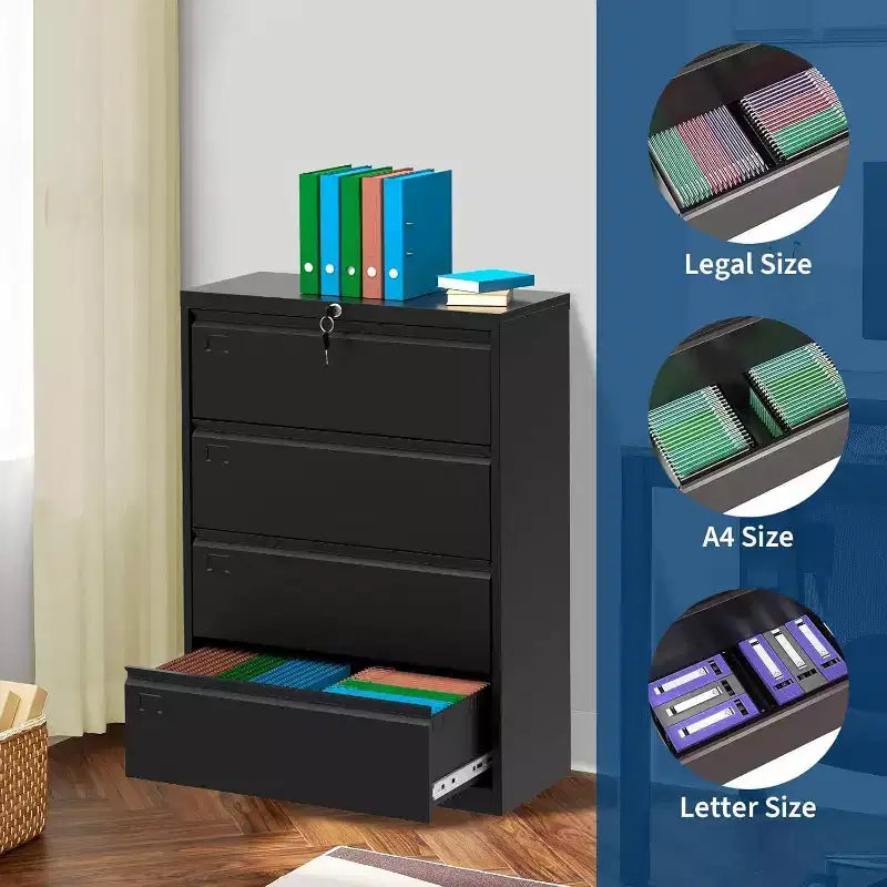 4-Drawer Lateral File Cabinet with Lock, Metal Office Storage for Letter/Legal/A4, Secure Document Organizer, Black