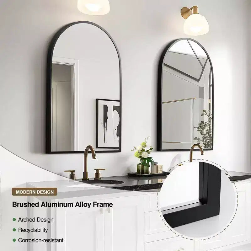 36 x 24 Black Modern Arched Wall Mirror, Aluminum Alloy Thin-Frame, Two-way Hanging for Bathroom, Entryway, Bedroom, Vanity