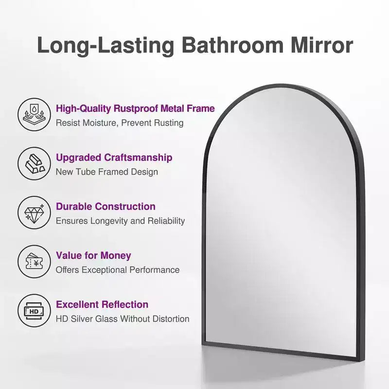 36 x 24 Black Modern Arched Wall Mirror, Aluminum Alloy Thin-Frame, Two-way Hanging for Bathroom, Entryway, Bedroom, Vanity