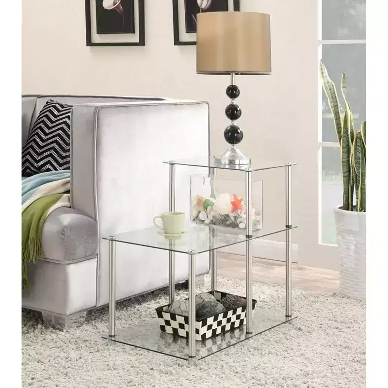 Glass Step End Table, Modern 3-Tier Accent Side Table with Tempered Glass Shelves for Display and Storage