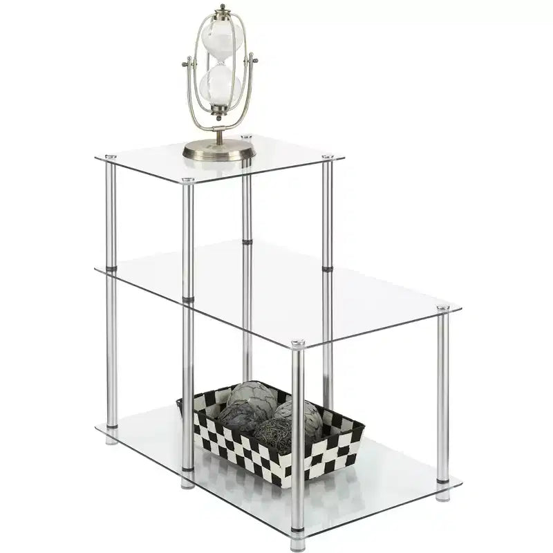 Glass Step End Table, Modern 3-Tier Accent Side Table with Tempered Glass Shelves for Display and Storage