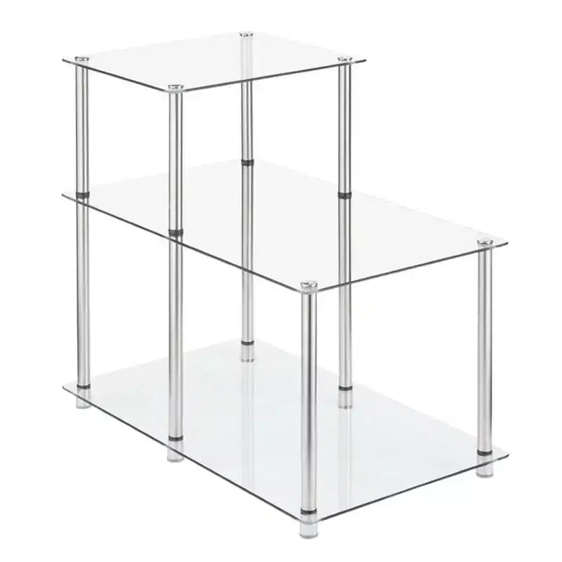 Glass Step End Table, Modern 3-Tier Accent Side Table with Tempered Glass Shelves for Display and Storage