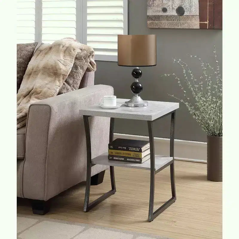 Contemporary End Table with Powder Coated Metal Frame, Sturdy Bottom Shelf, Minimalist Modern Look