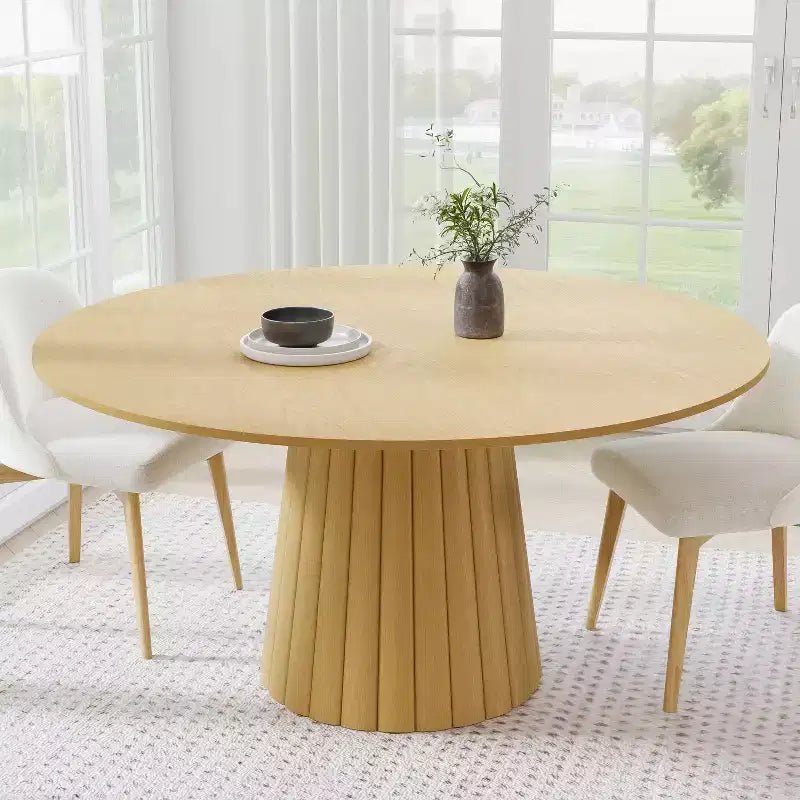 60" Solid Wood Round Dining Table for 6-8, Textured Tapered Base, Natural