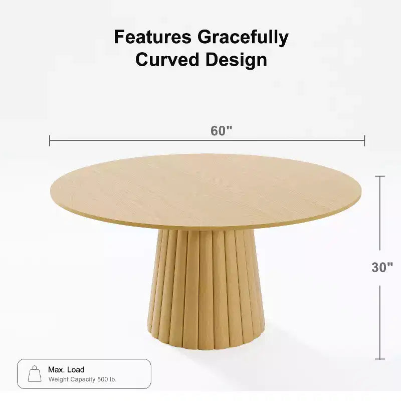 60" Solid Wood Round Dining Table for 6-8, Textured Tapered Base, Natural