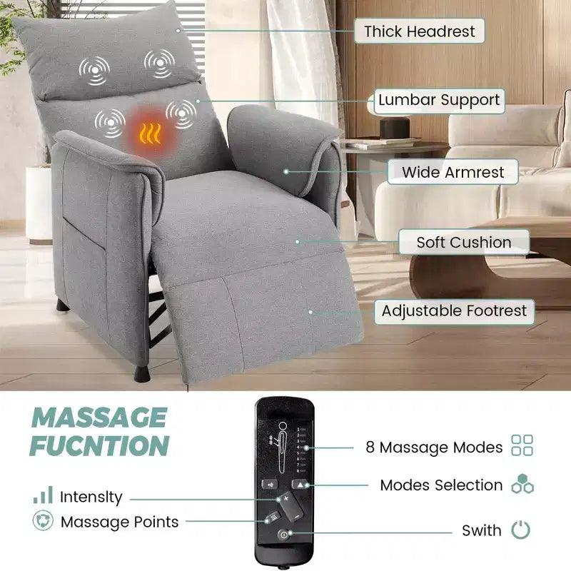 Electric Recliner Chair with Massage and Heat, Adjustable Single Recliners Sofa Home Theater Seating Armchair for Living Room/Office
