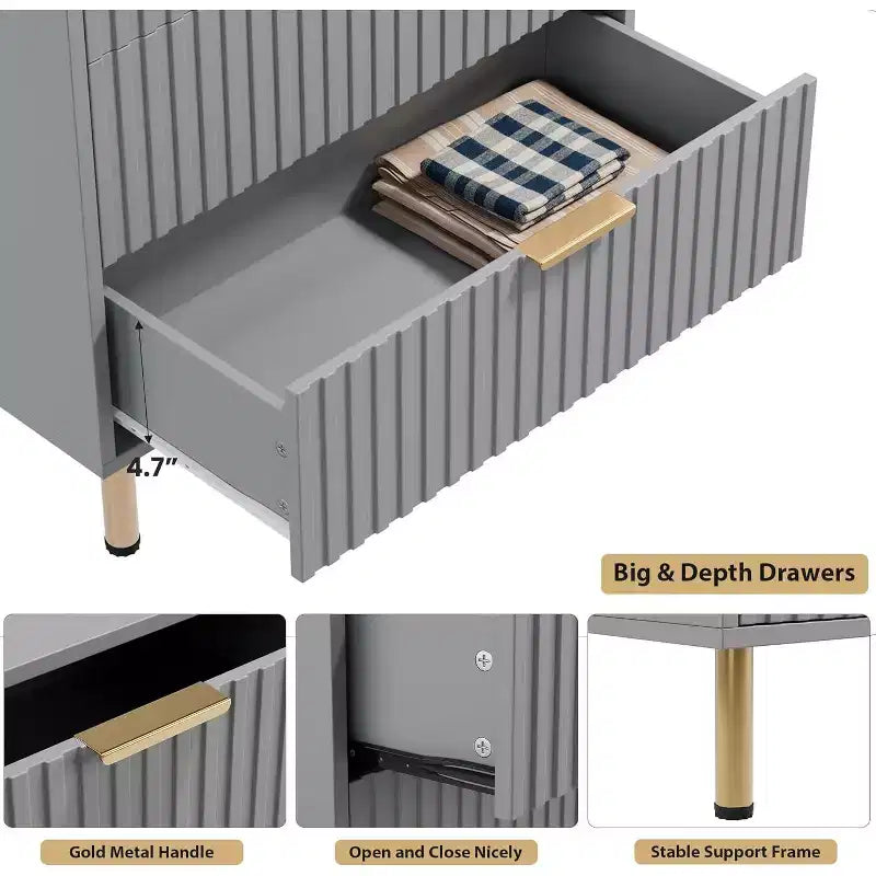 Modern Fluted 5-Drawer Dresser, 48" Tall Wooden Chest with Deep Storage for Bedroom, Home Office