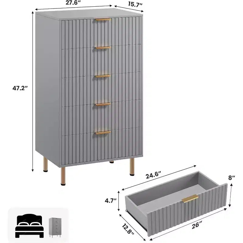 Modern Fluted 5-Drawer Dresser, 48" Tall Wooden Chest with Deep Storage for Bedroom, Home Office