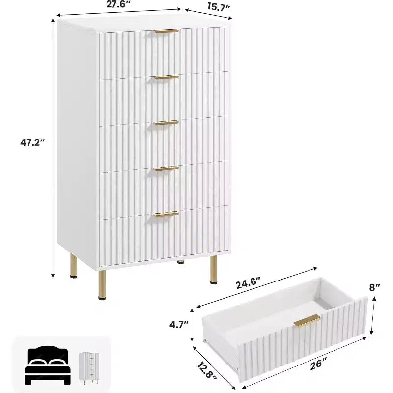 Modern Fluted 5-Drawer Dresser, 48" Tall Wooden Chest with Deep Storage for Bedroom, Home Office