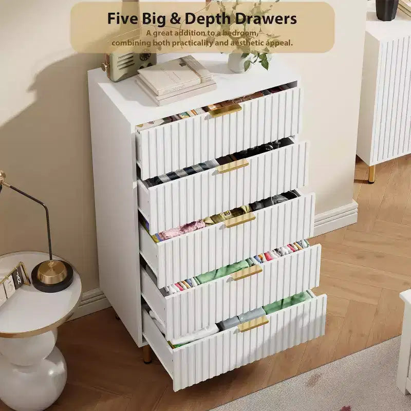 Modern Fluted 5-Drawer Dresser, 48" Tall Wooden Chest with Deep Storage for Bedroom, Home Office