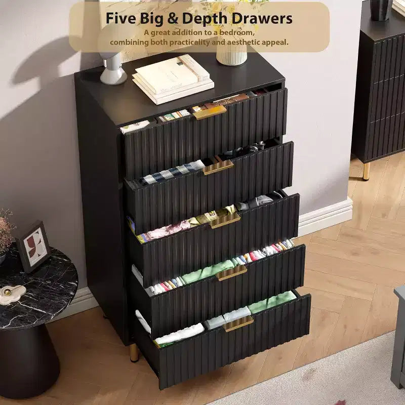Modern Fluted 5-Drawer Dresser, 48" Tall Wooden Chest with Deep Storage for Bedroom, Home Office