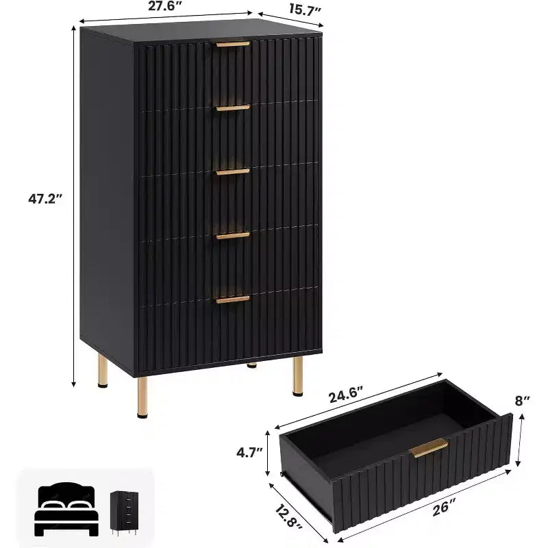 Modern Fluted 5-Drawer Dresser, 48" Tall Wooden Chest with Deep Storage for Bedroom, Home Office