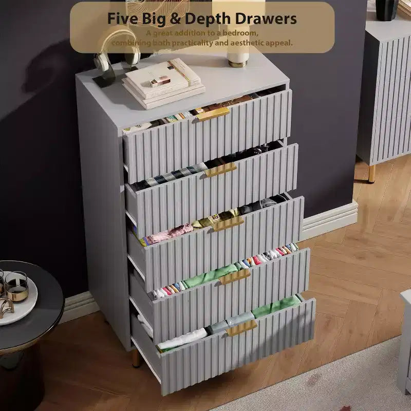Modern Fluted 5-Drawer Dresser, 48" Tall Wooden Chest with Deep Storage for Bedroom, Home Office