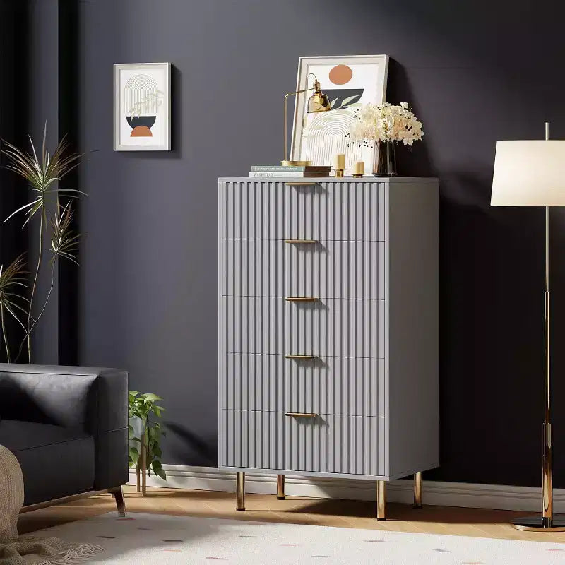 Modern Fluted 5-Drawer Dresser, 48" Tall Wooden Chest with Deep Storage for Bedroom, Home Office
